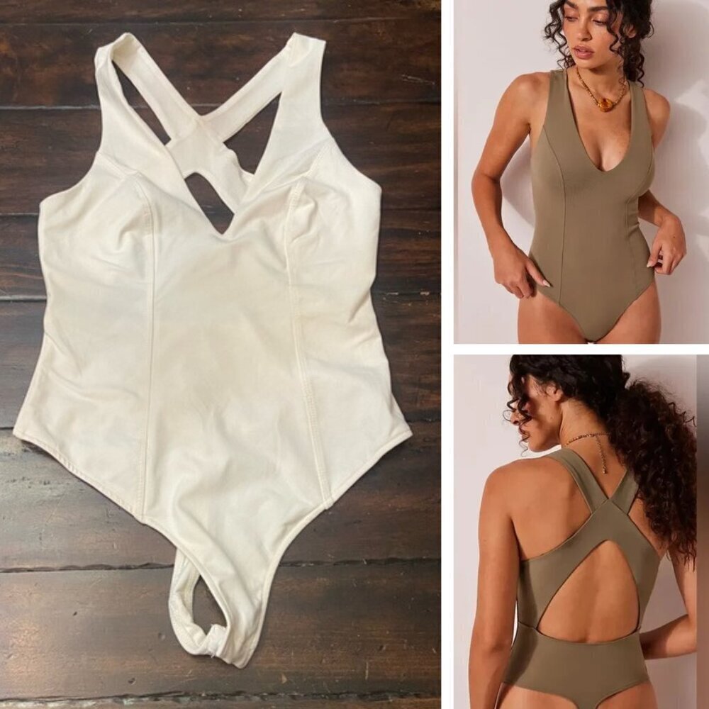 New! Free People Ivory Go Get 'Em V-Neck Cross-Back Bodysuit